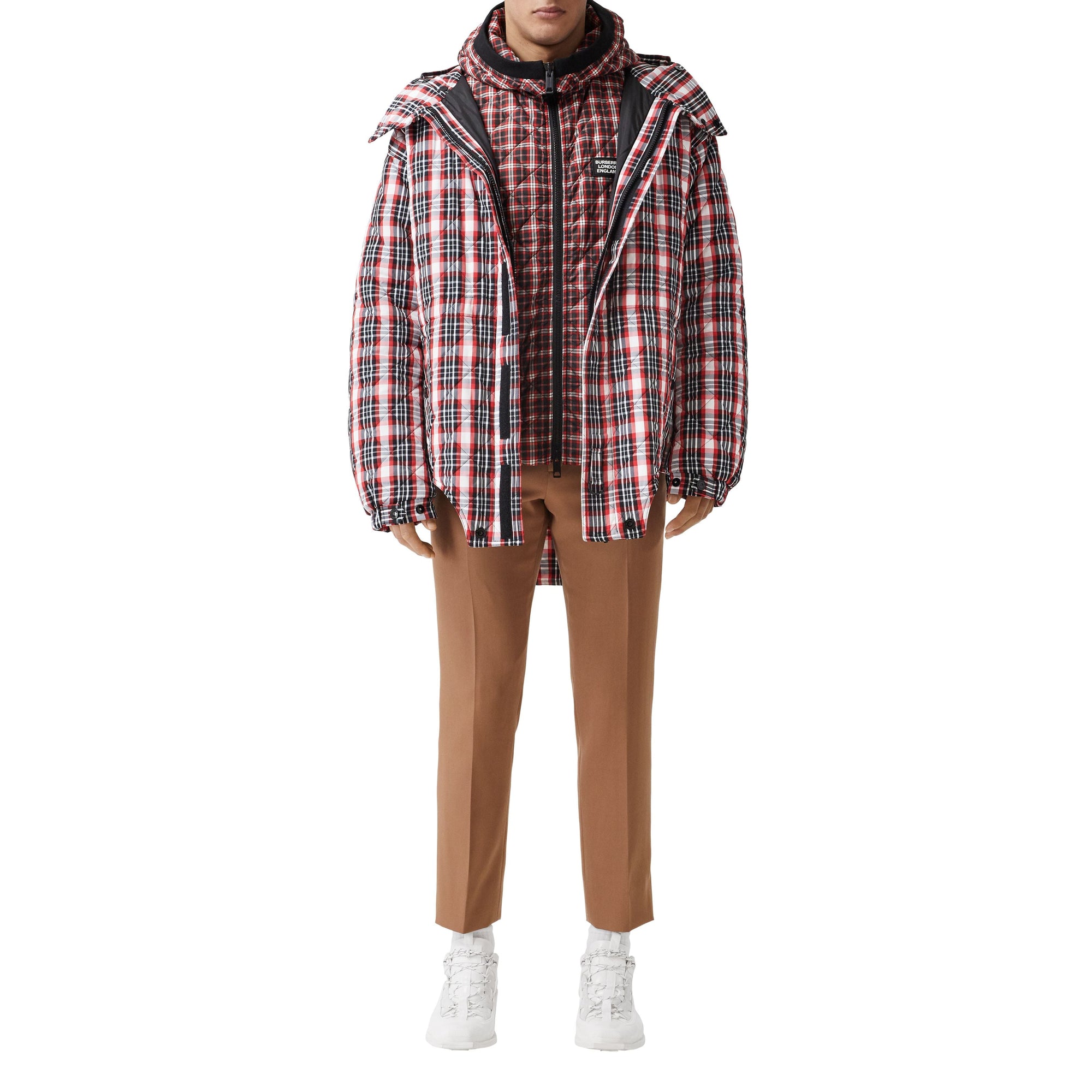 BRIGHT RED CHECK Parka matelassée en nylon check avec découpe