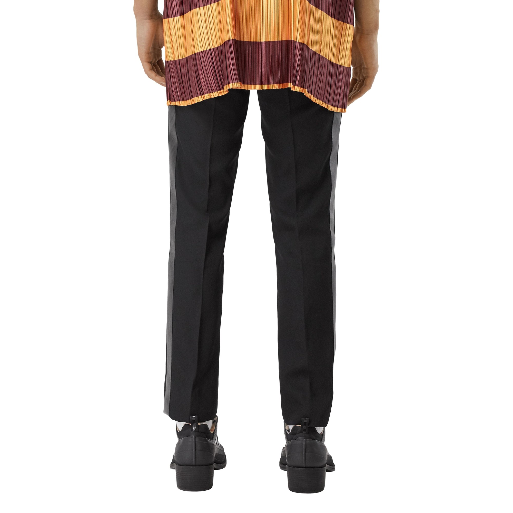 BLACK Pantalon de costume en laine à bandes latérales en cuir d'agneau