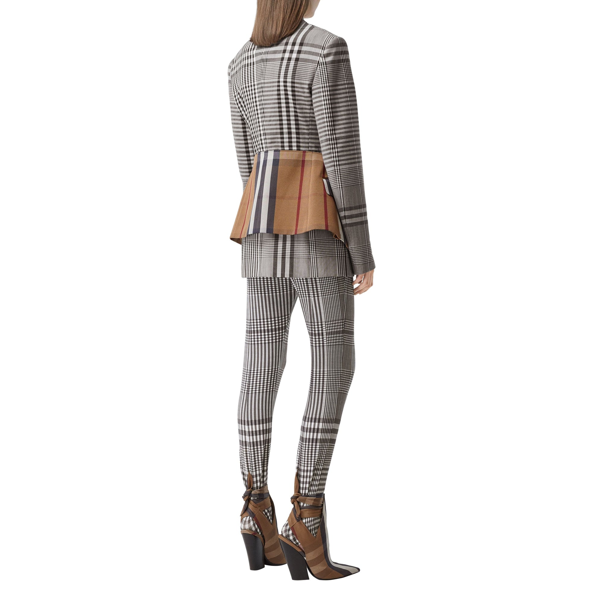 DARK BROWN CHK Veste tailleur en laine technique check avec basque
