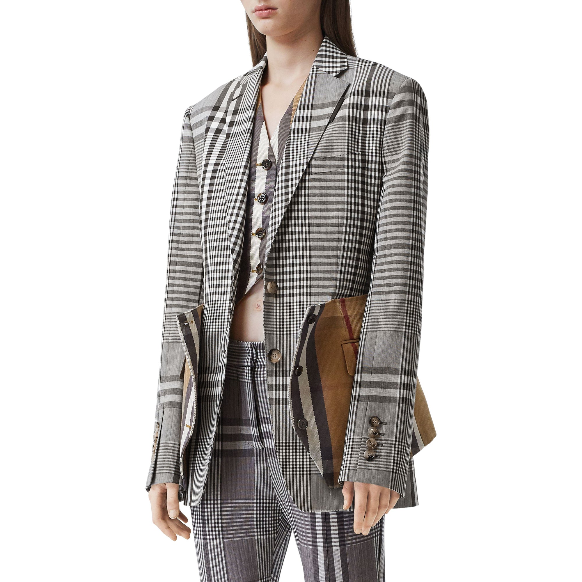 DARK BROWN CHK Veste tailleur en laine technique check avec basque