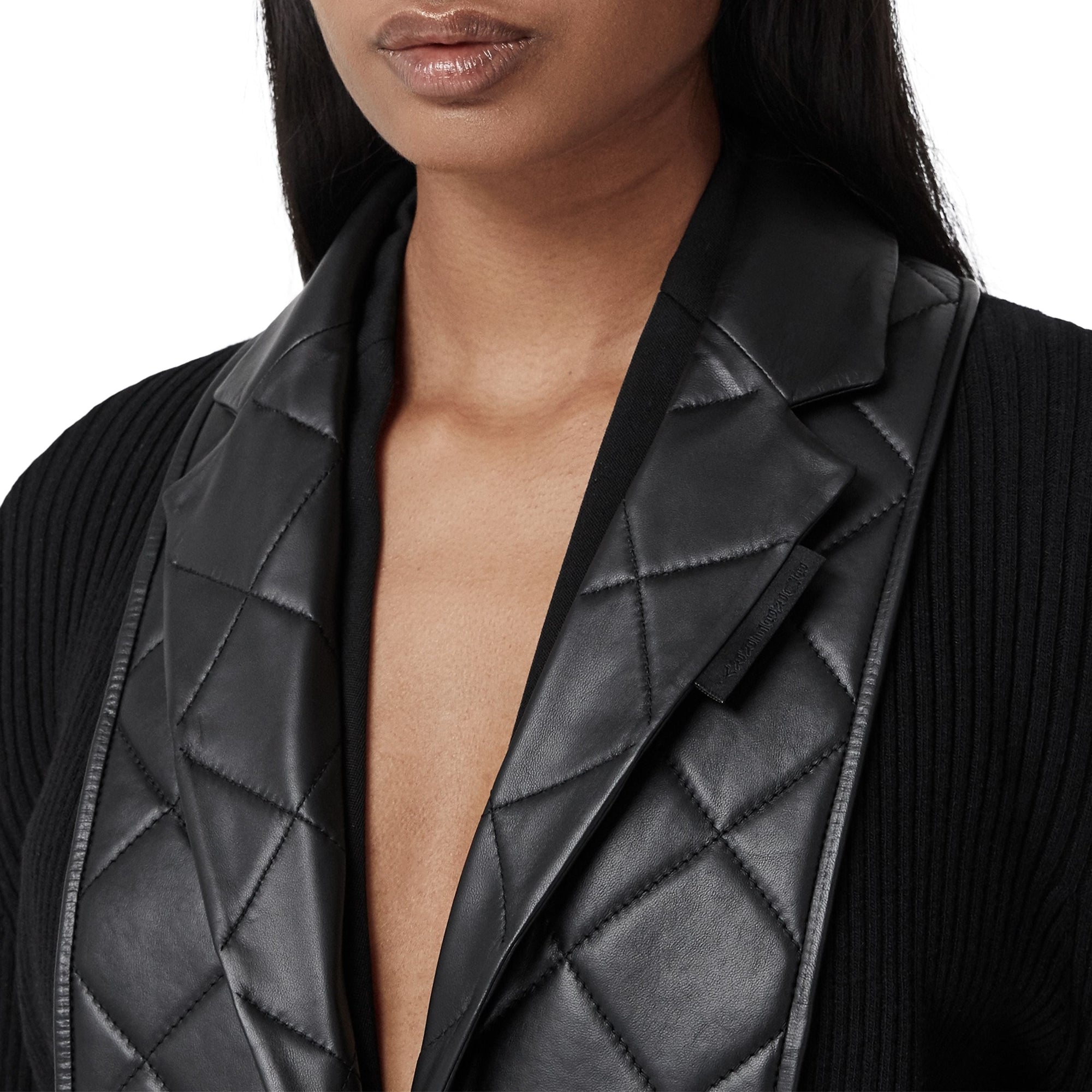 BLACK Cardigan en maille de laine côtelée avec blazer en cuir d'agneau