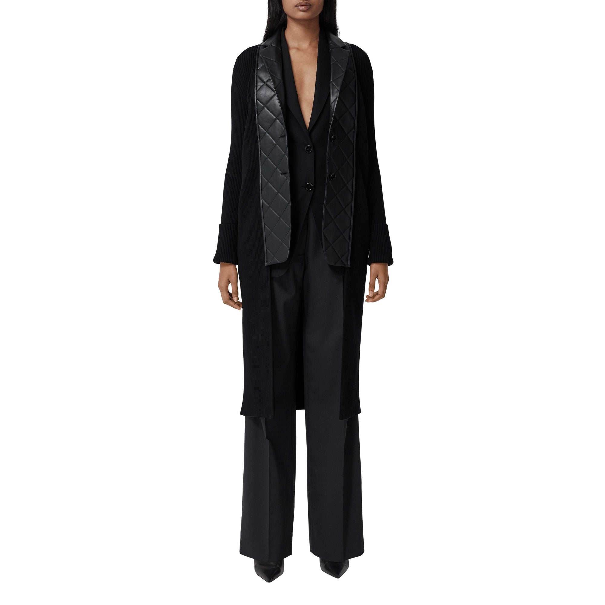 BLACK Cardigan en maille de laine côtelée avec blazer en cuir d'agneau