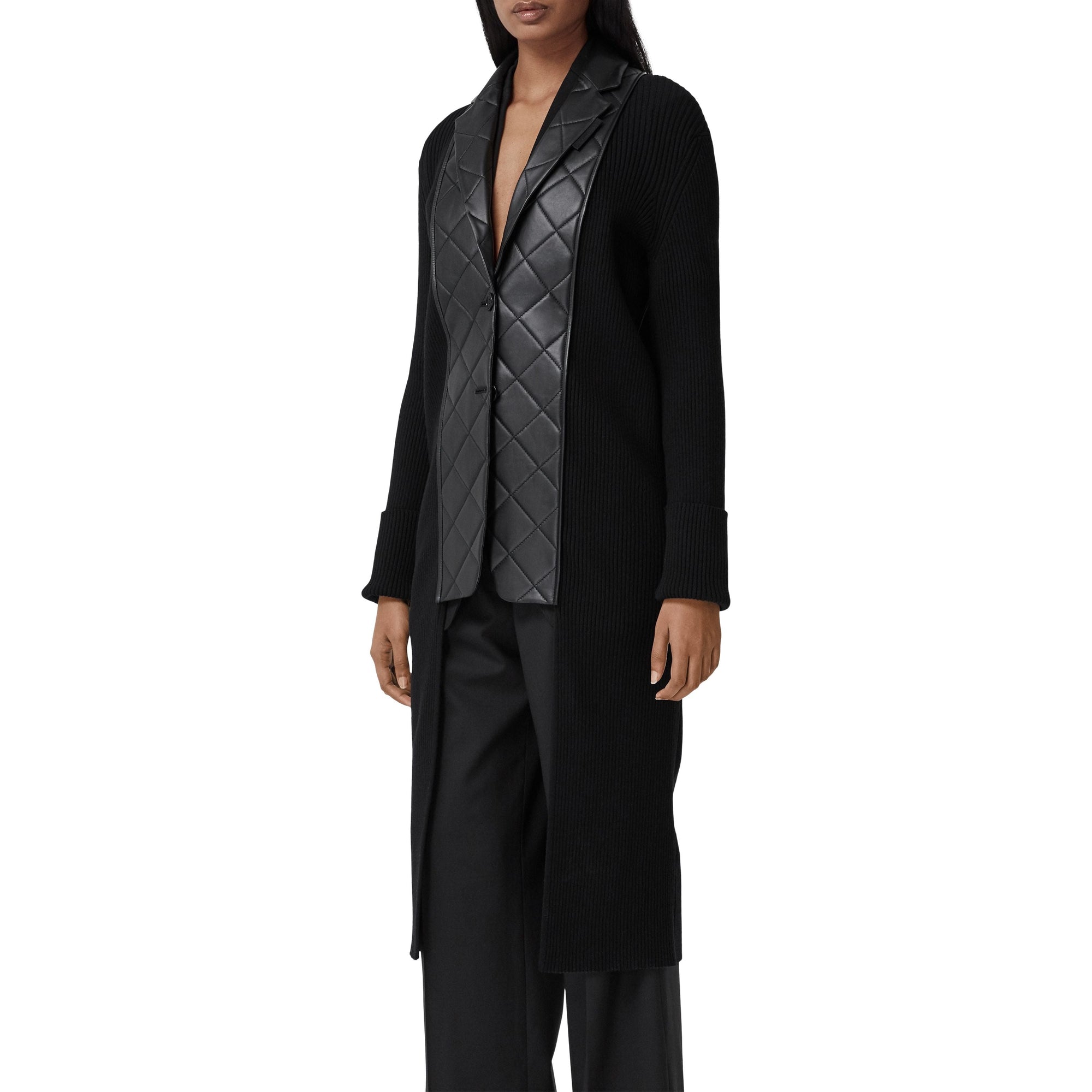 BLACK Cardigan en maille de laine côtelée avec blazer en cuir d'agneau