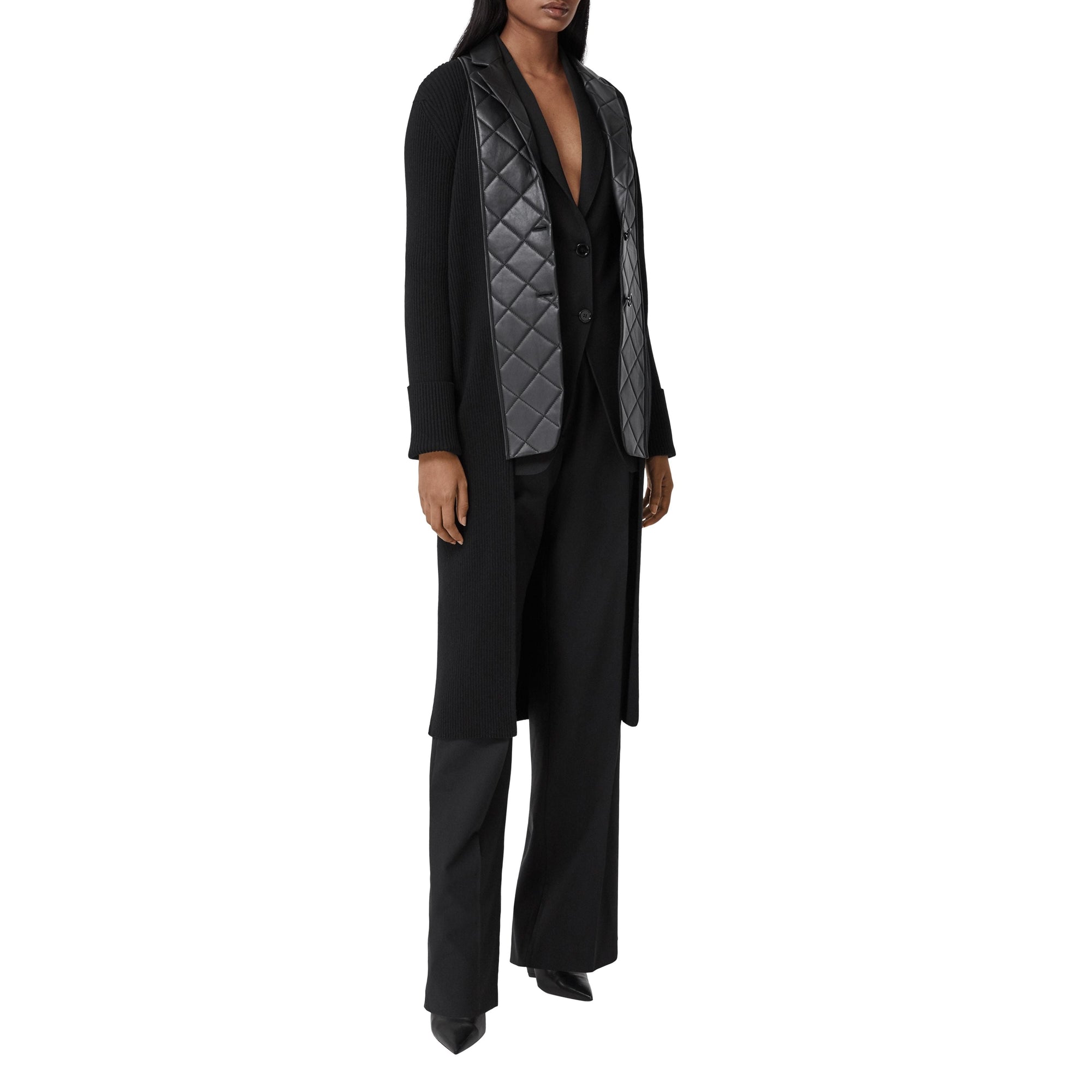 BLACK Cardigan en maille de laine côtelée avec blazer en cuir d'agneau