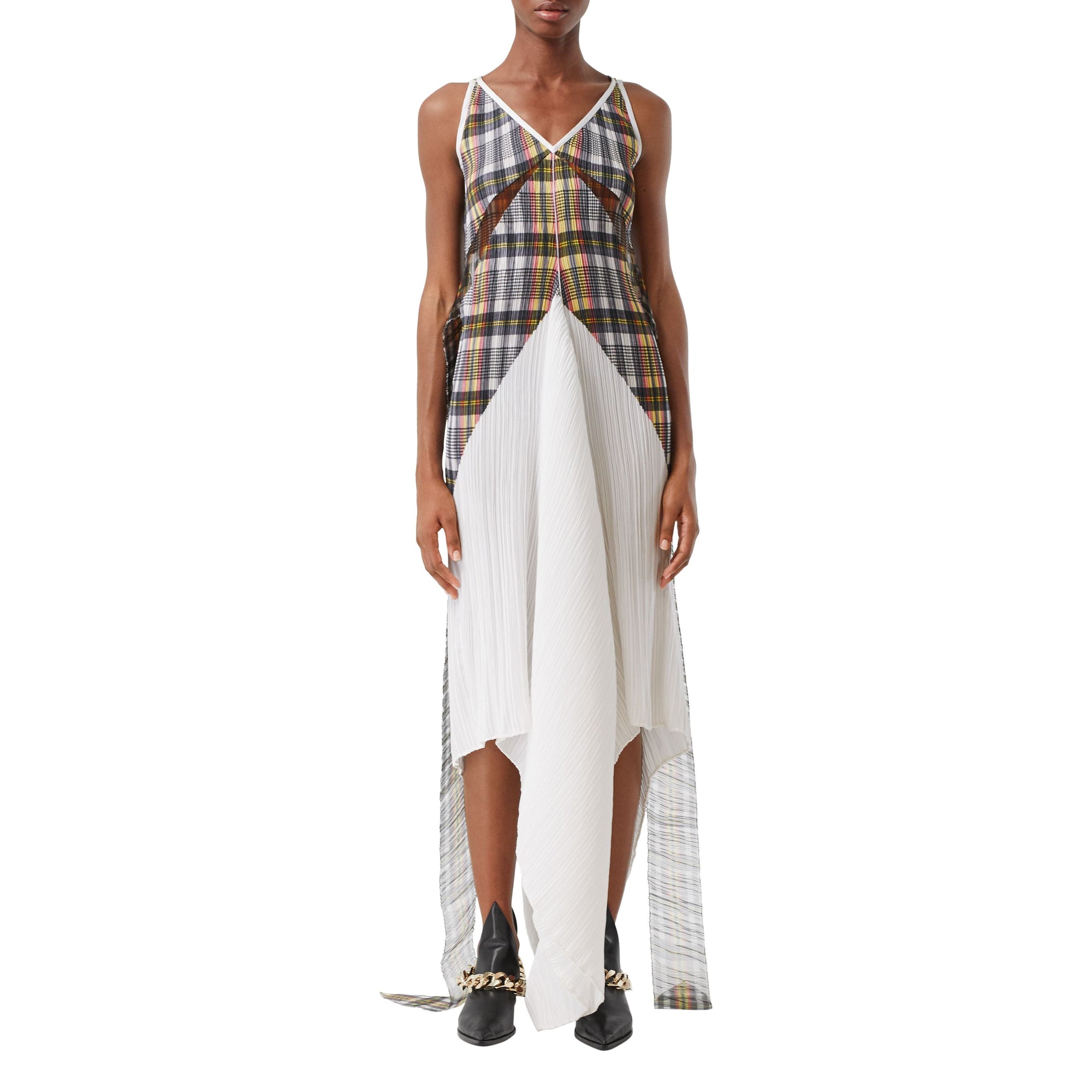 CANARY YELLOW CHECK Robe plissée ajustée en satin avec check