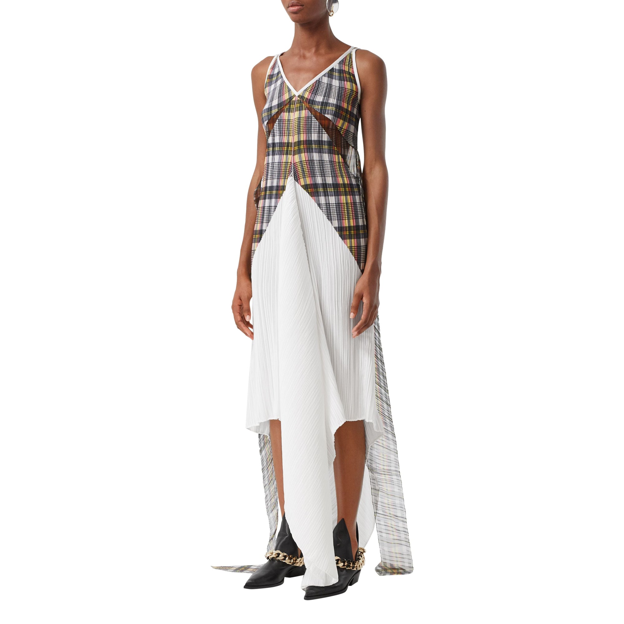 CANARY YELLOW CHECK Robe plissée ajustée en satin avec check