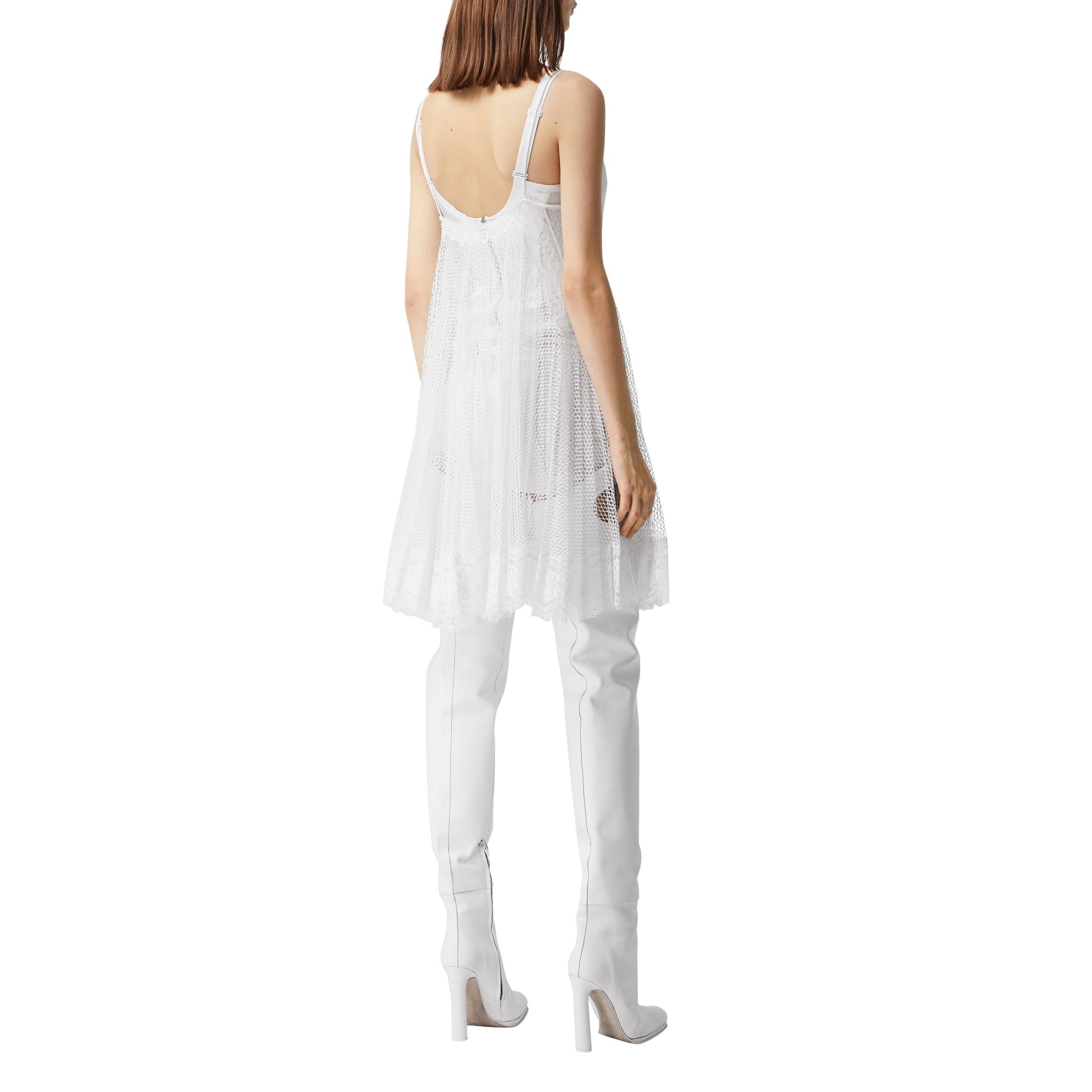OPTIC WHITE Robe combinaison plissée en résille et soie avec dentelle