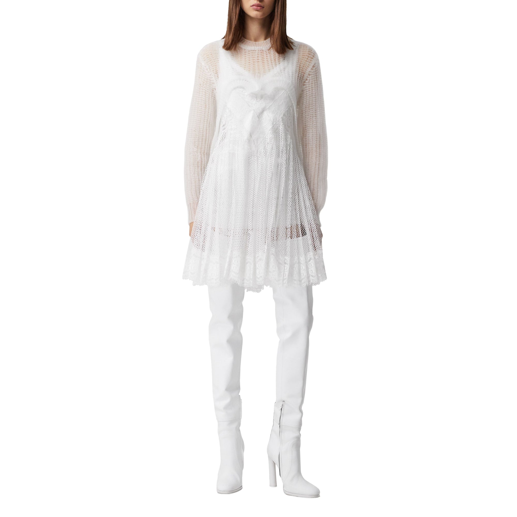 OPTIC WHITE Robe combinaison plissée en résille et soie avec dentelle