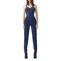 DARK CANVAS BLUE Haut façon corset en denim surpiqué et mesh