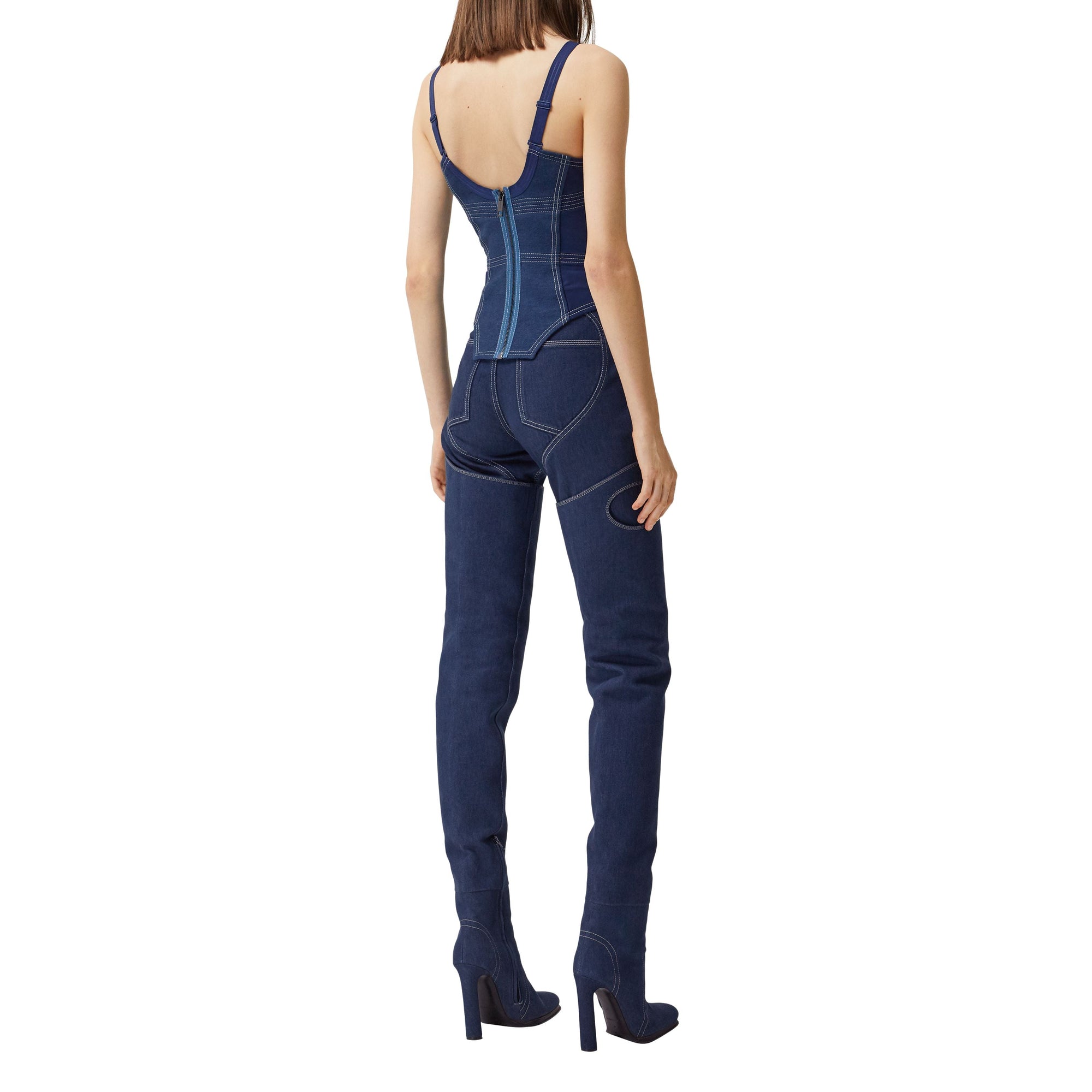 DARK CANVAS BLUE Haut façon corset en denim surpiqué et mesh