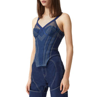 DARK CANVAS BLUE Haut façon corset en denim surpiqué et mesh