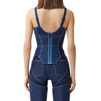 DARK CANVAS BLUE Haut façon corset en denim surpiqué et mesh
