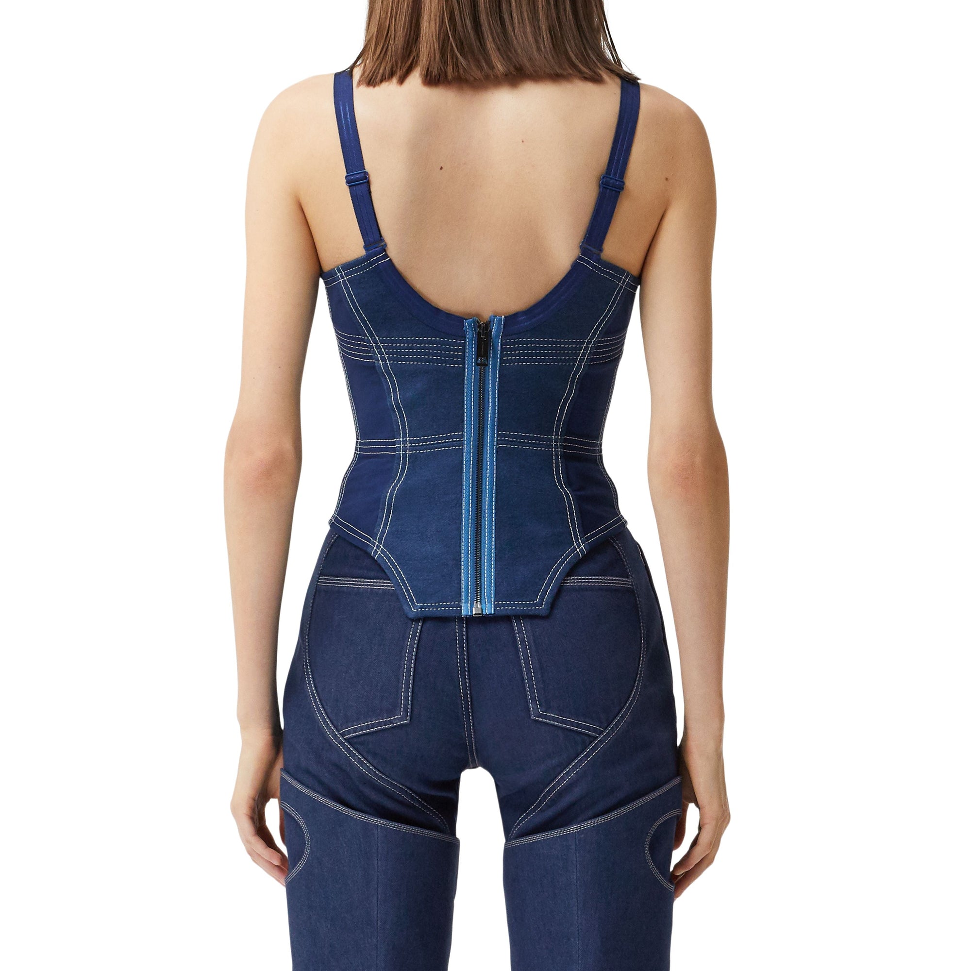 DARK CANVAS BLUE Haut façon corset en denim surpiqué et mesh