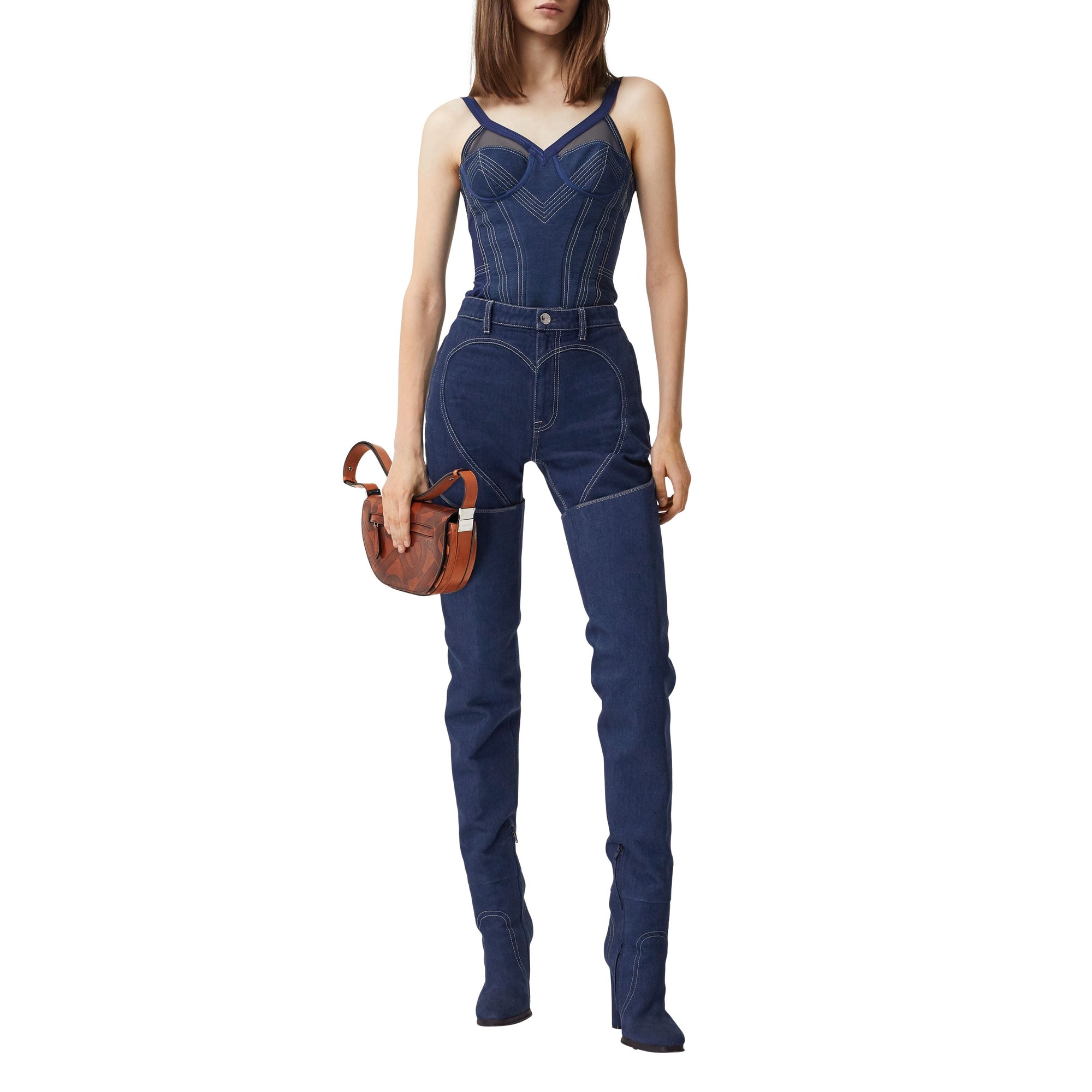 DARK CANVAS BLUE Haut façon corset en denim surpiqué et mesh