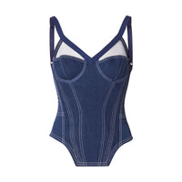 DARK CANVAS BLUE Haut façon corset en denim surpiqué et mesh