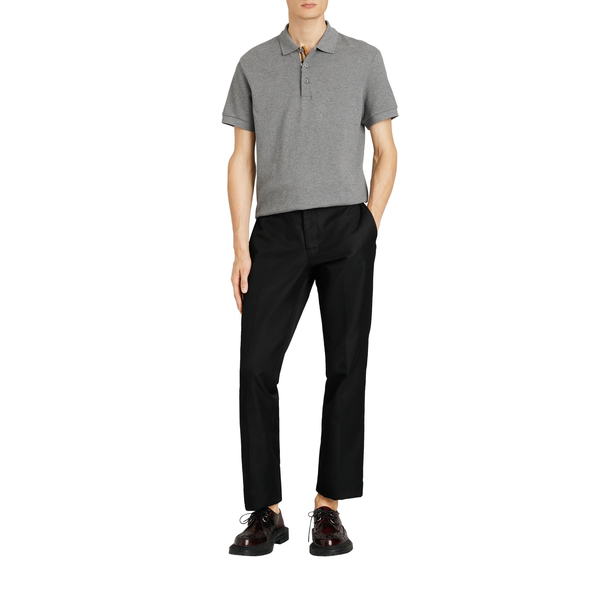 MID GREY MELANGE Polo en coton avec patte de boutonnage à motif check