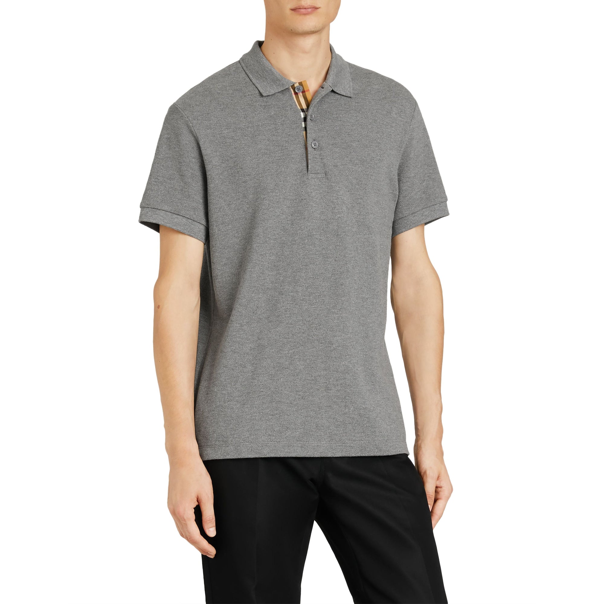 MID GREY MELANGE Polo en coton avec patte de boutonnage à motif check