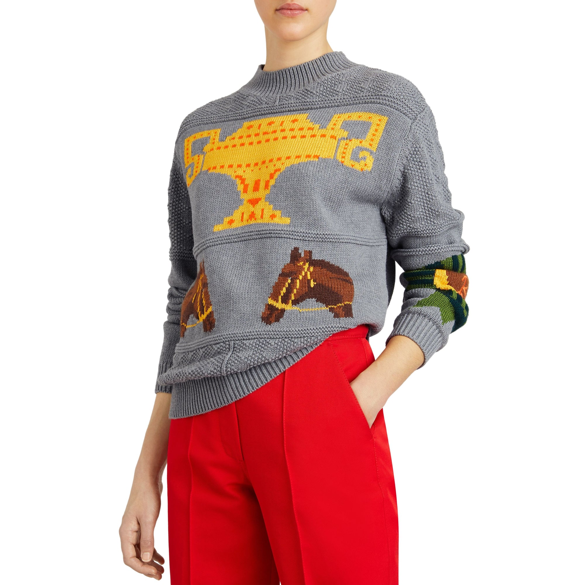 GREY MELANGE Pull en laine et coton avec motif équestre en intarsia