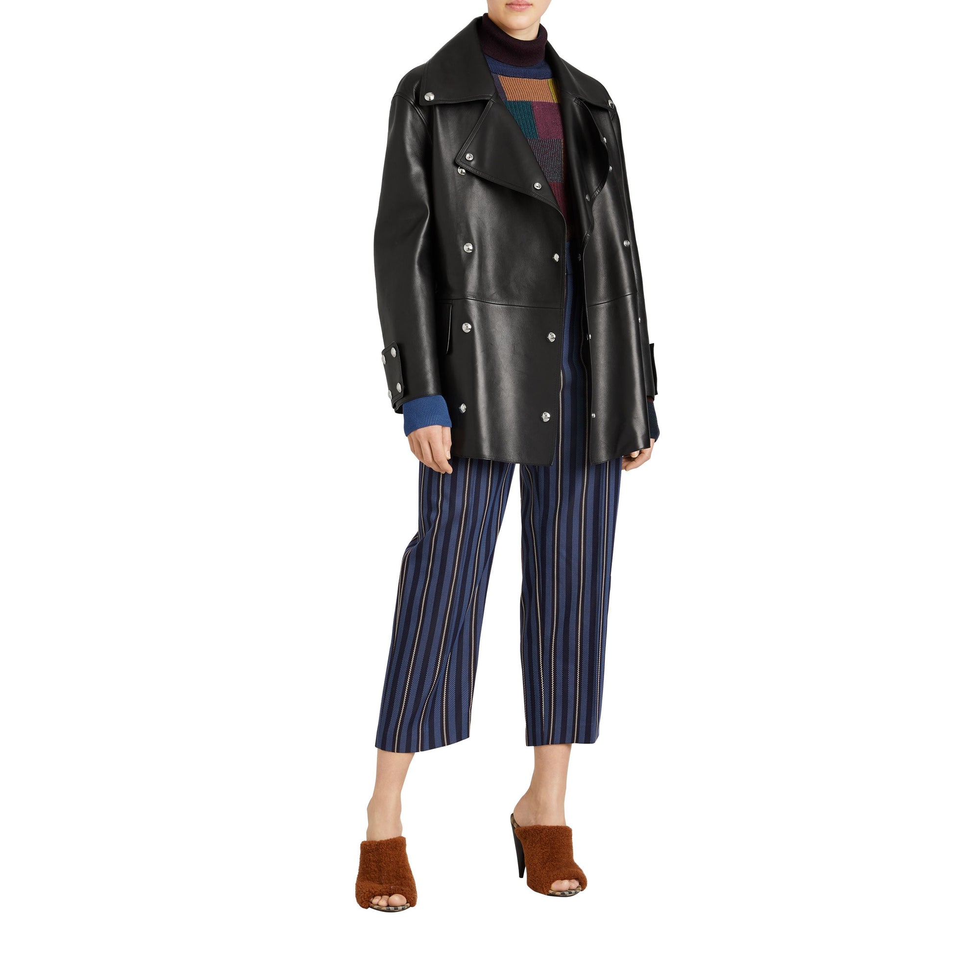 NAVY/LIGHT BLUE STR Pantalon 7/8 à rayures en laine mélangée
