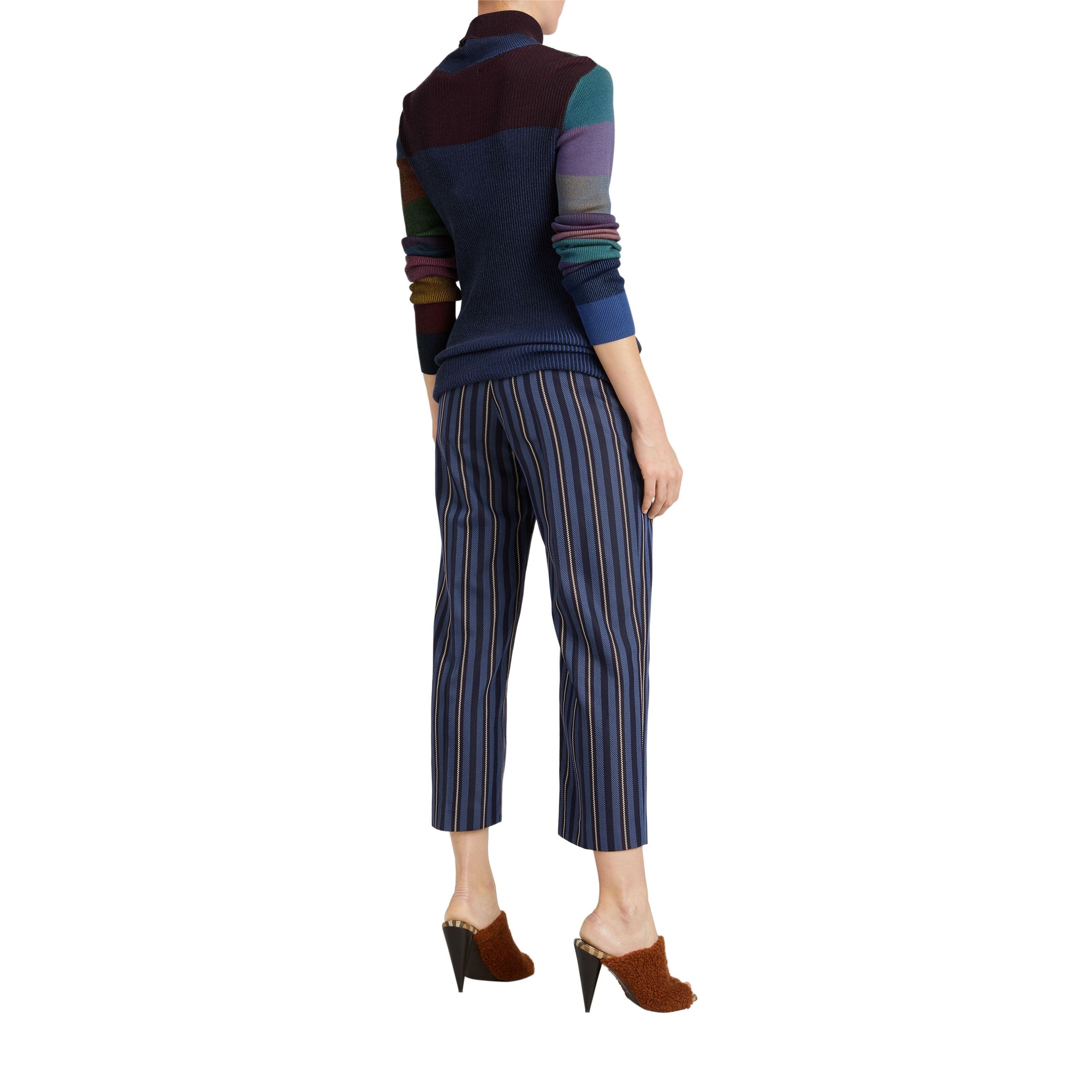NAVY/LIGHT BLUE STR Pantalon 7/8 à rayures en laine mélangée