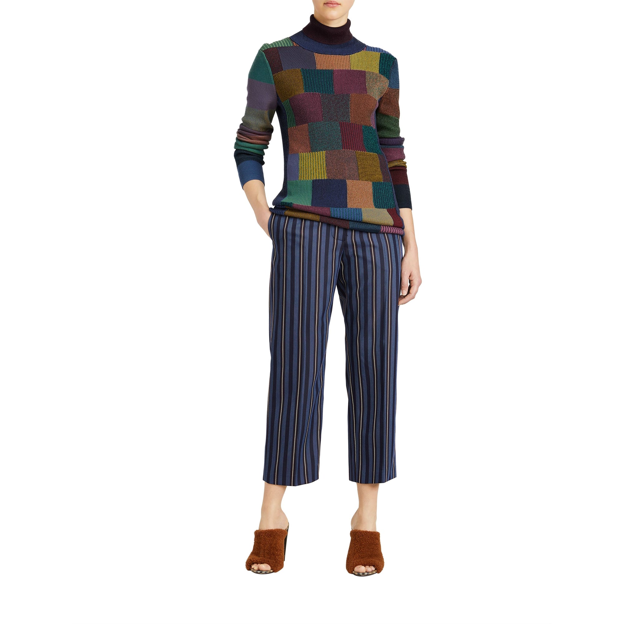 NAVY/LIGHT BLUE STR Pantalon 7/8 à rayures en laine mélangée
