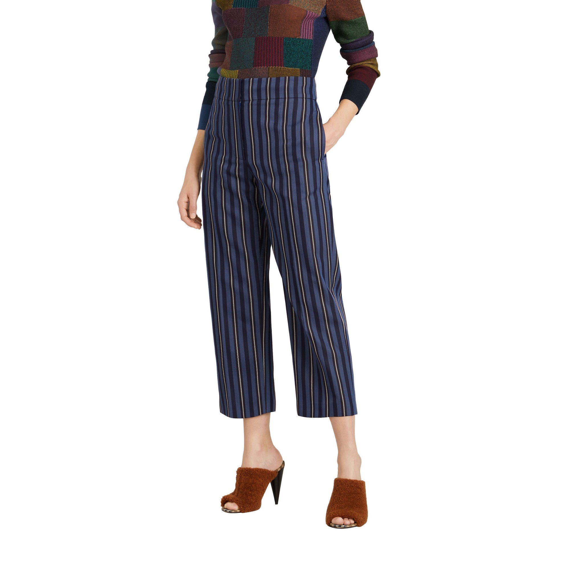 NAVY/LIGHT BLUE STR Pantalon 7/8 à rayures en laine mélangée