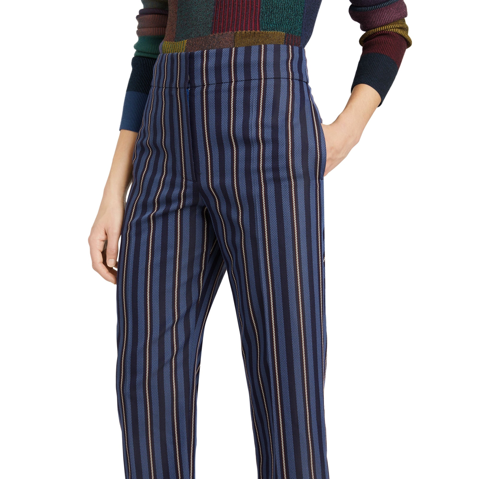 NAVY/LIGHT BLUE STR Pantalon 7/8 à rayures en laine mélangée