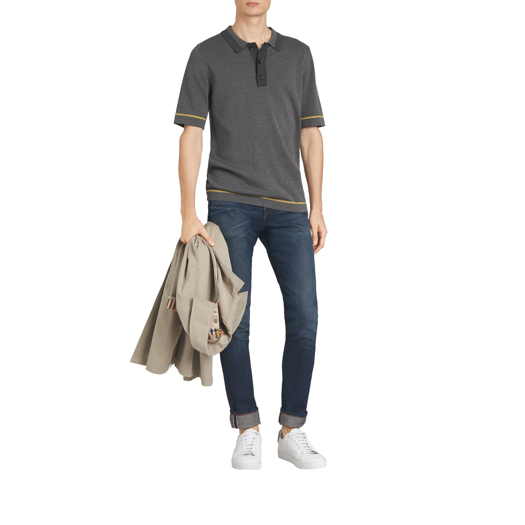 MID GREY MELANGE Polo en jersey de coton à bordures contrastantes