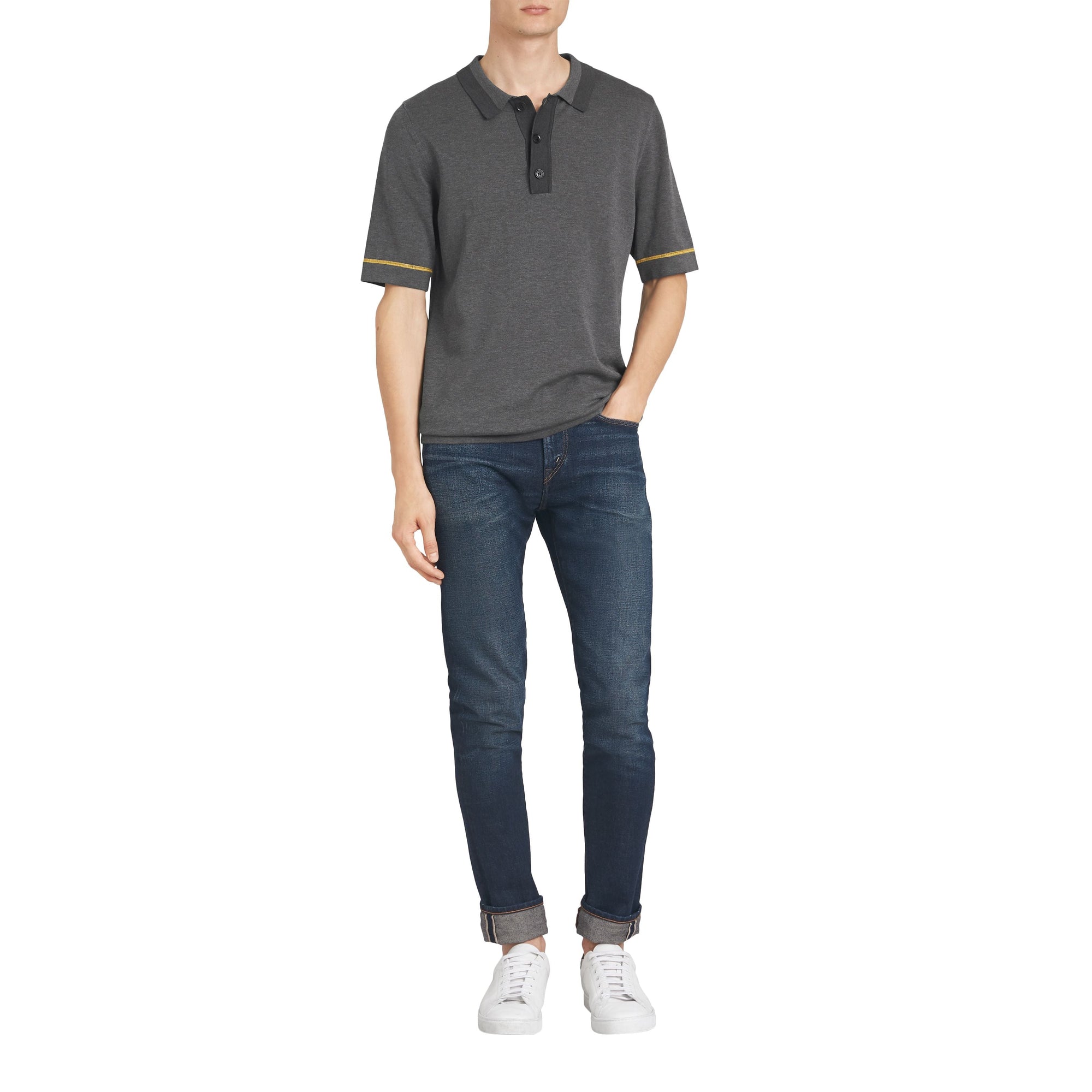 MID GREY MELANGE Polo en jersey de coton à bordures contrastantes