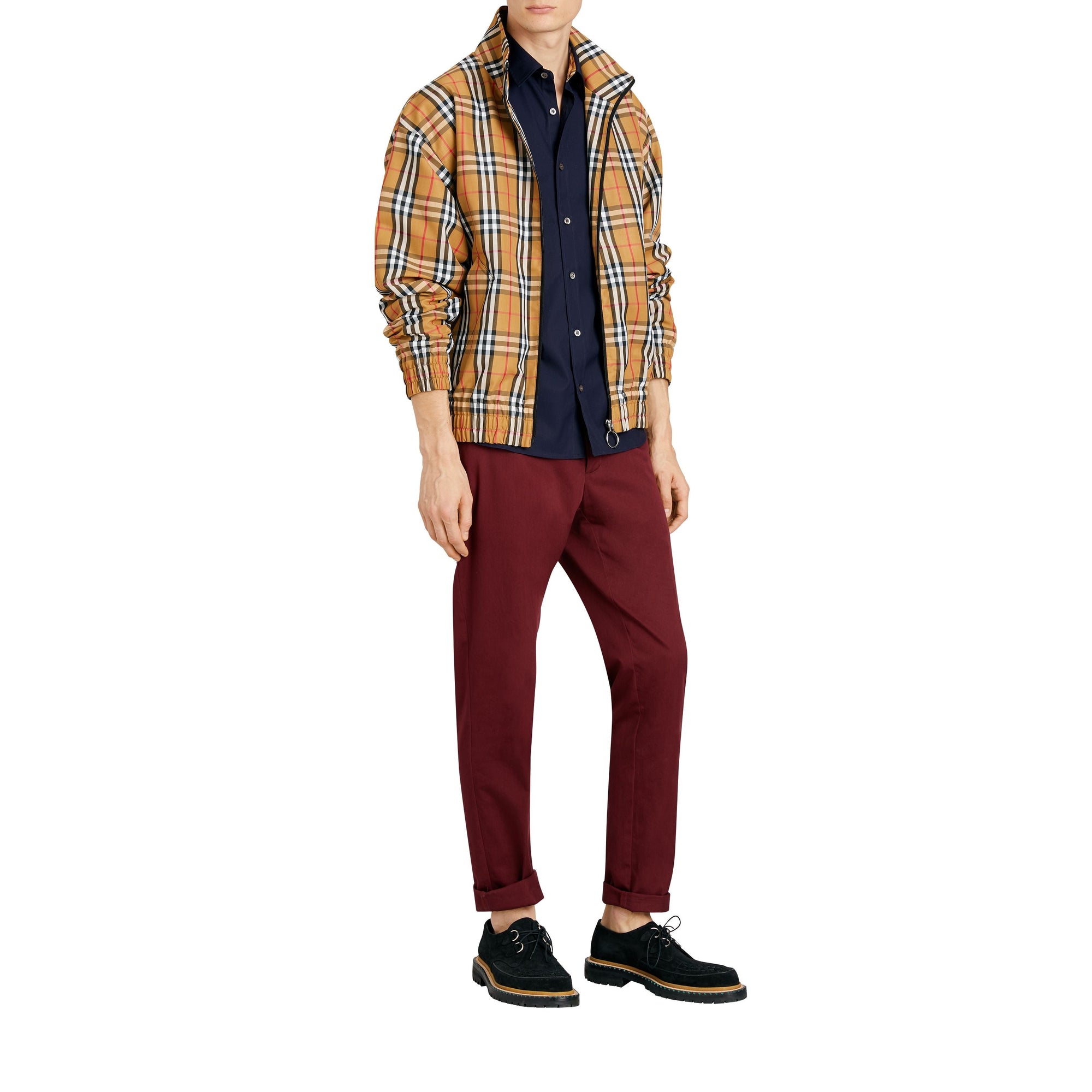 Chemise en popeline de coton extensible avec poignets à motif check - Marine