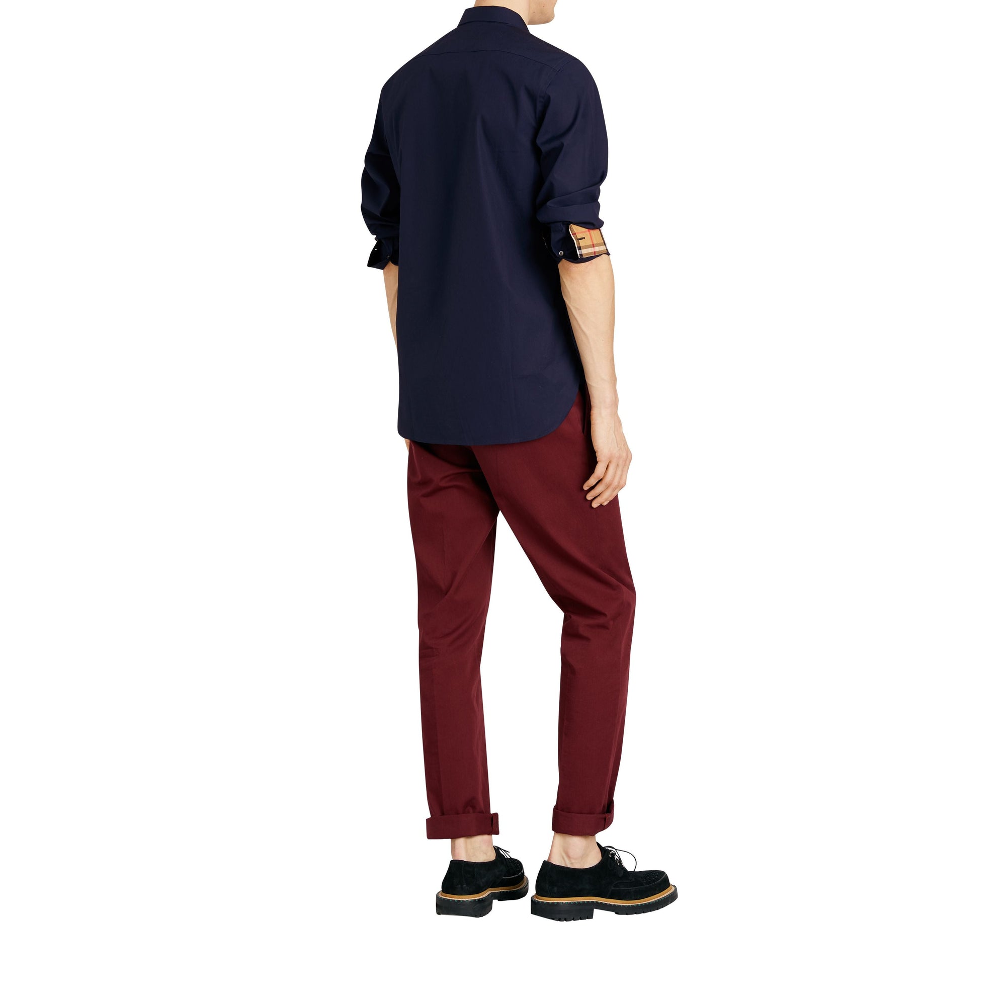 Chemise en popeline de coton extensible avec poignets à motif check - Marine