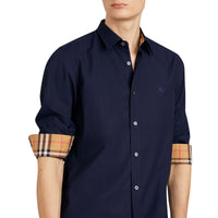 Chemise en popeline de coton extensible avec poignets à motif check - Marine