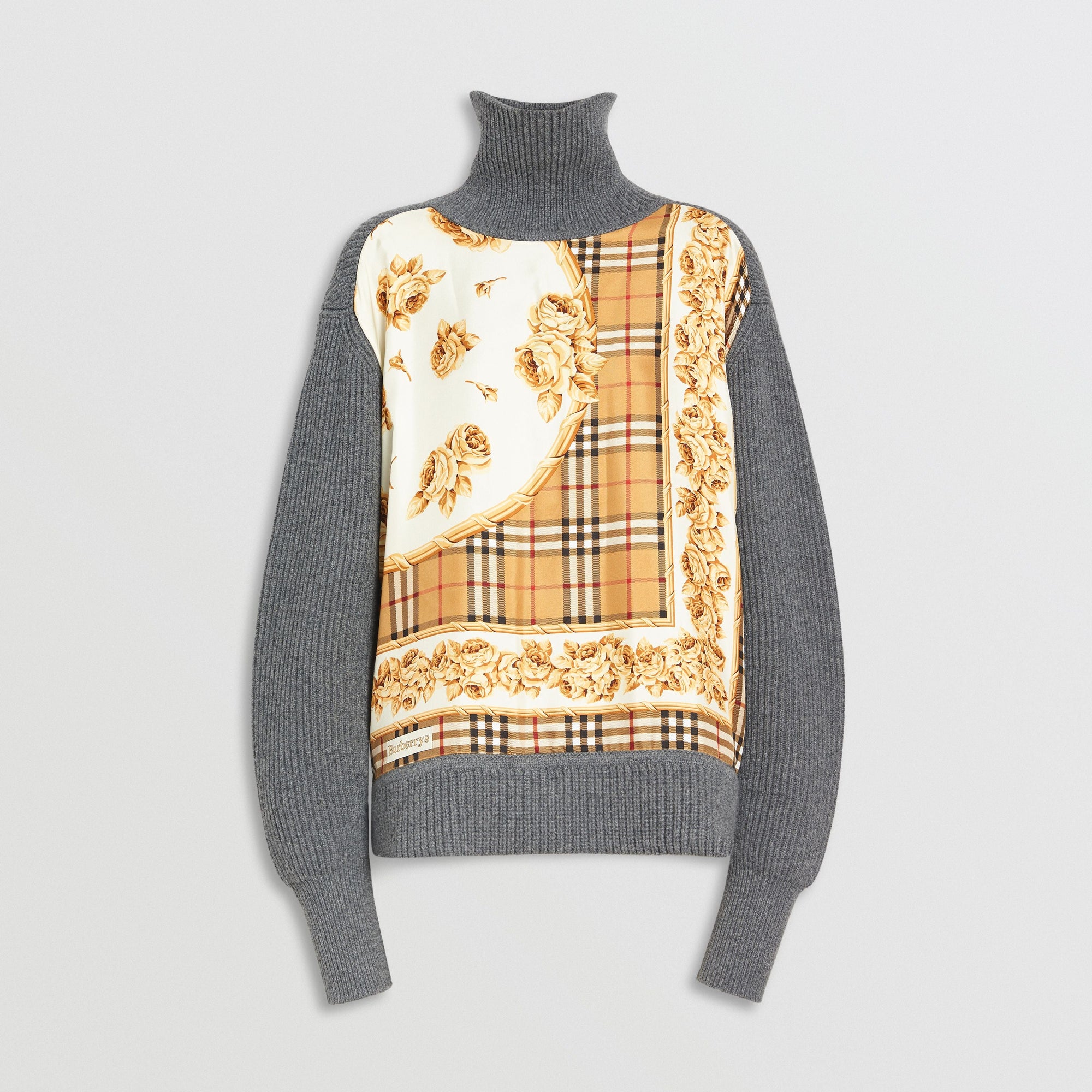 GREY MELANGE Pull à col roulé en laine avec empiècement à imprimé écharpes d'archive