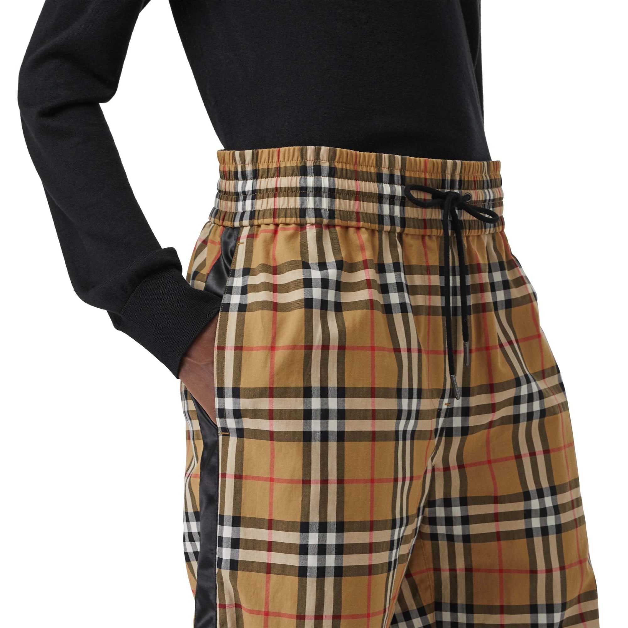 Pantalon en coton à motif vintage check avec cordon de serrage - Jaune antique