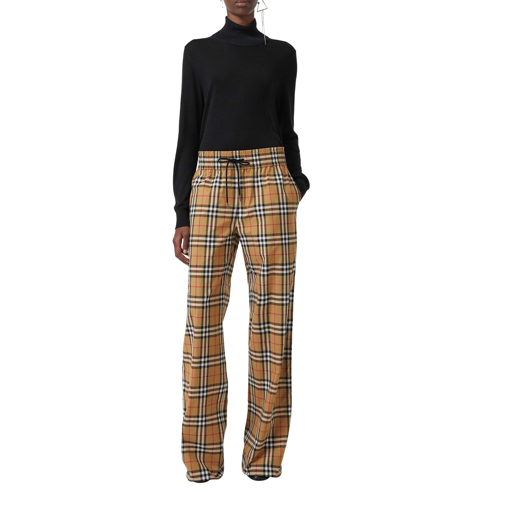 Pantalon en coton à motif vintage check avec cordon de serrage - Jaune antique