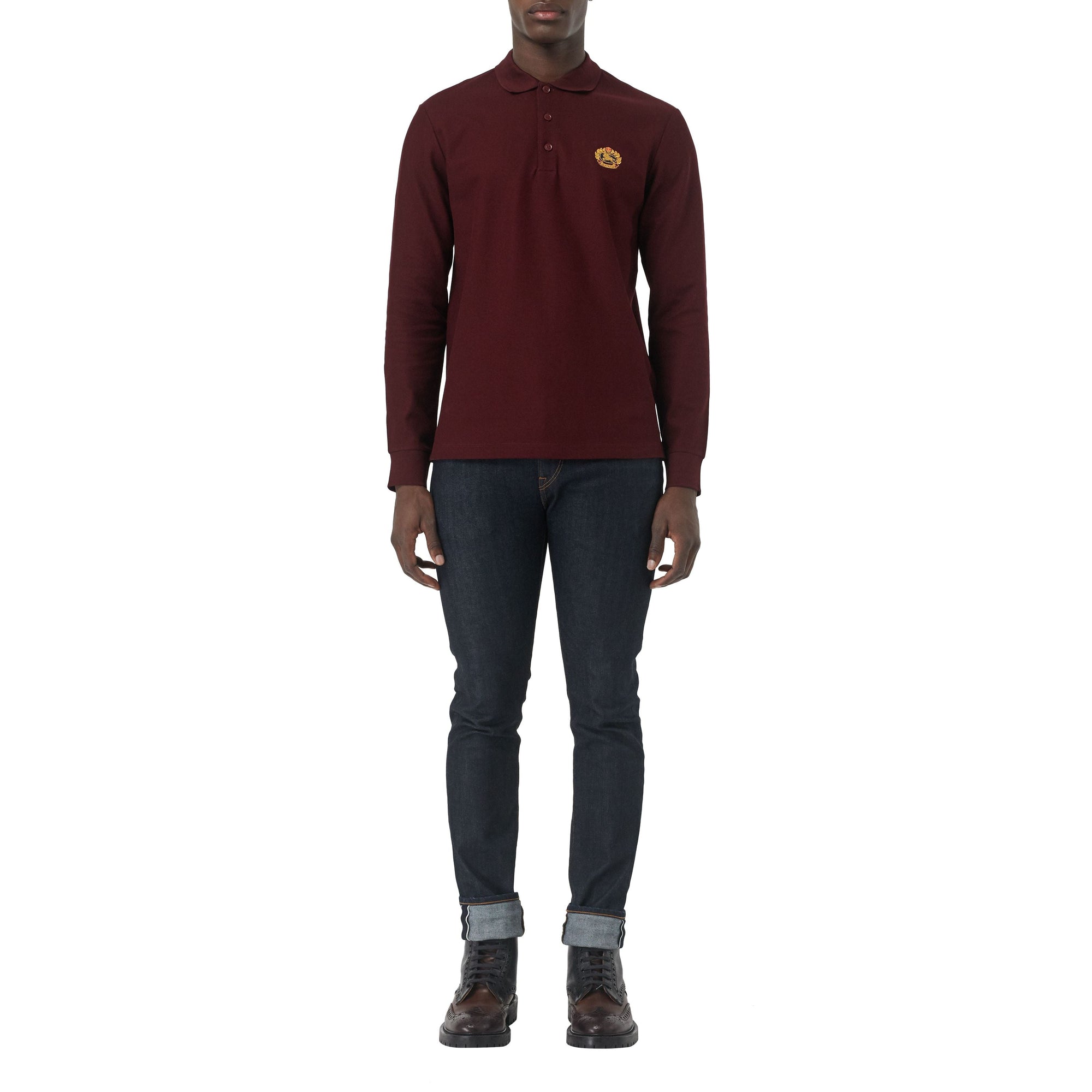 BURGUNDY Polo à manches longues en piqué de coton avec logo d'archive