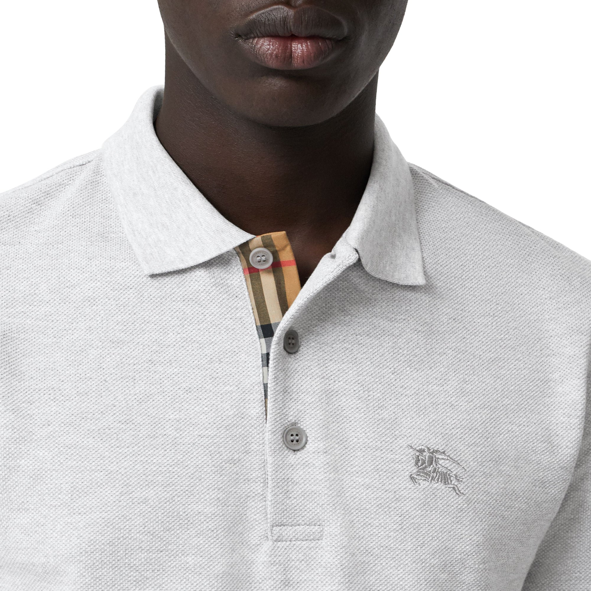 PALE GREY MELANGE Polo en coton avec patte de boutonnage à motif check