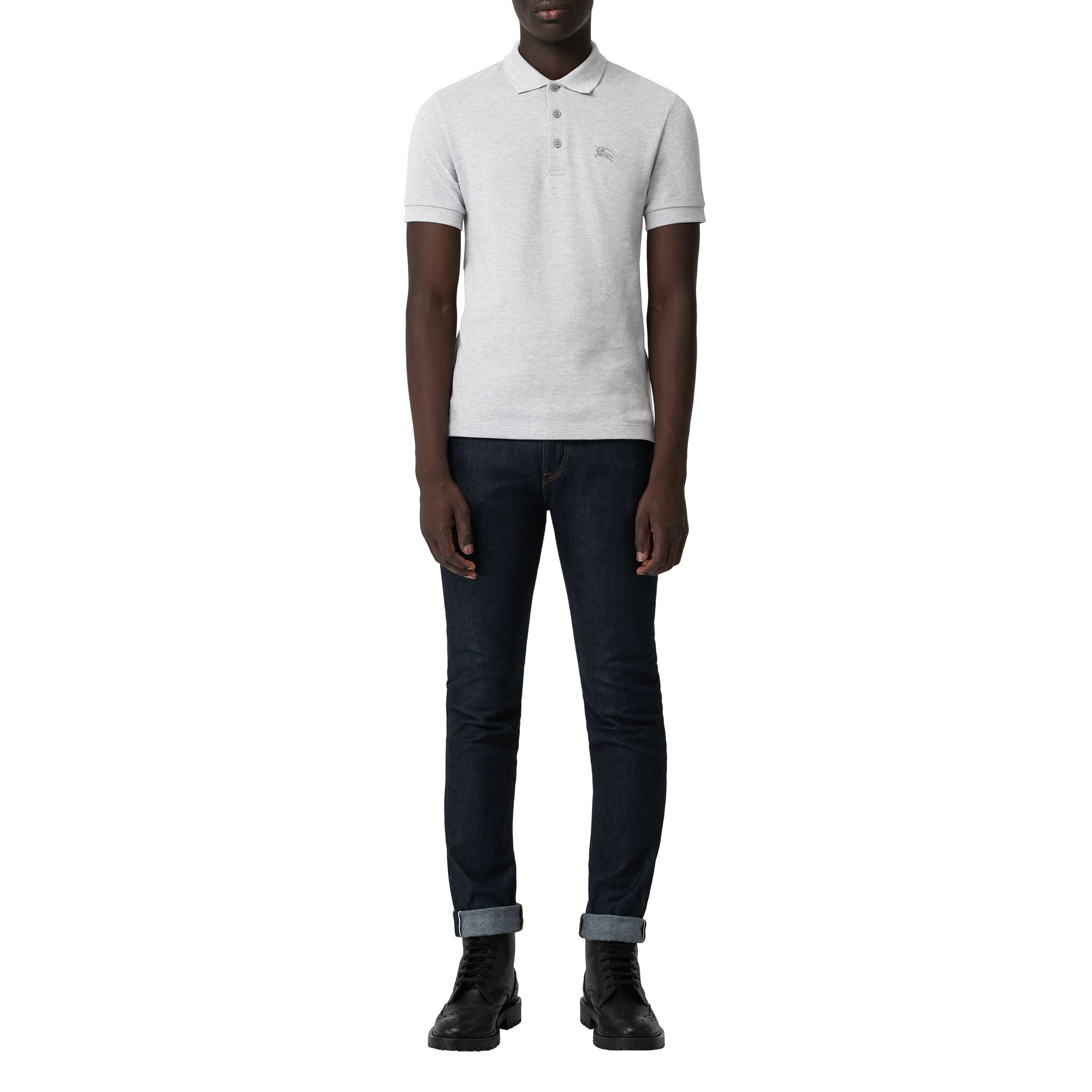 PALE GREY MELANGE Polo en coton avec patte de boutonnage à motif check