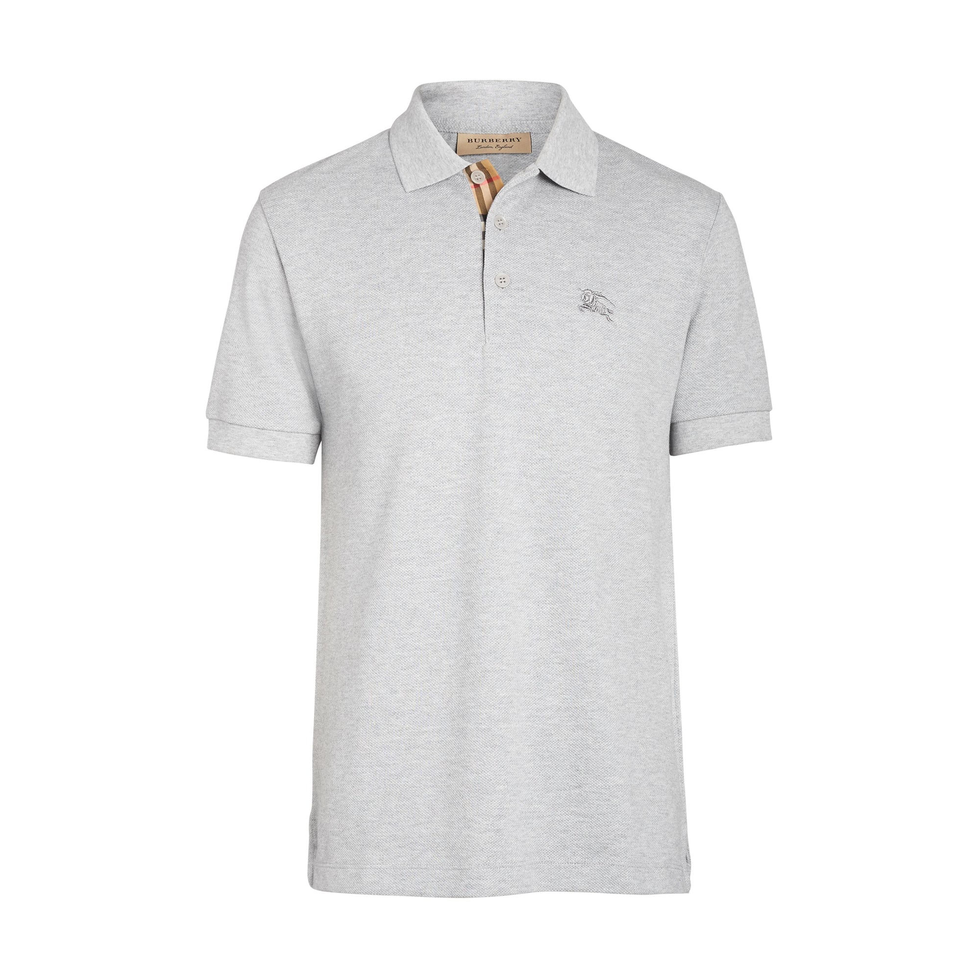 PALE GREY MELANGE Polo en coton avec patte de boutonnage à motif check