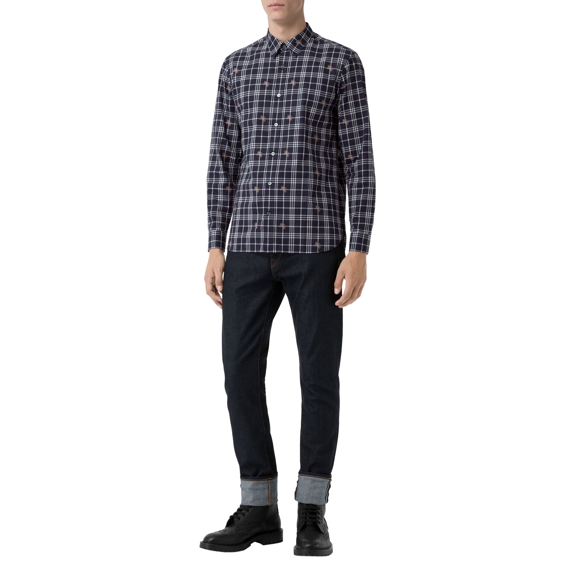 NAVY IP PATTERN Chemise en coton à motif check et emblèmes du Cavalier