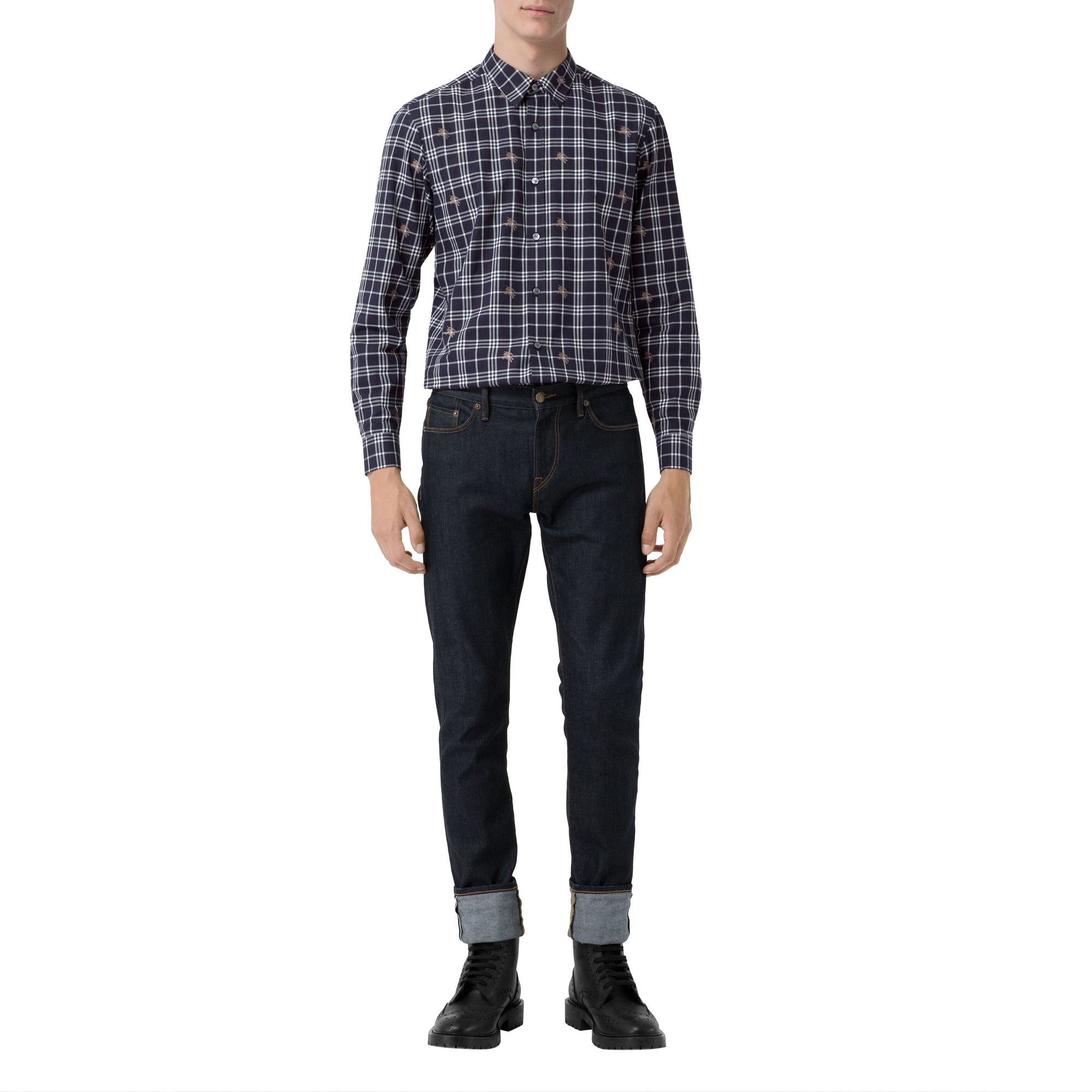 NAVY IP PATTERN Chemise en coton à motif check et emblèmes du Cavalier