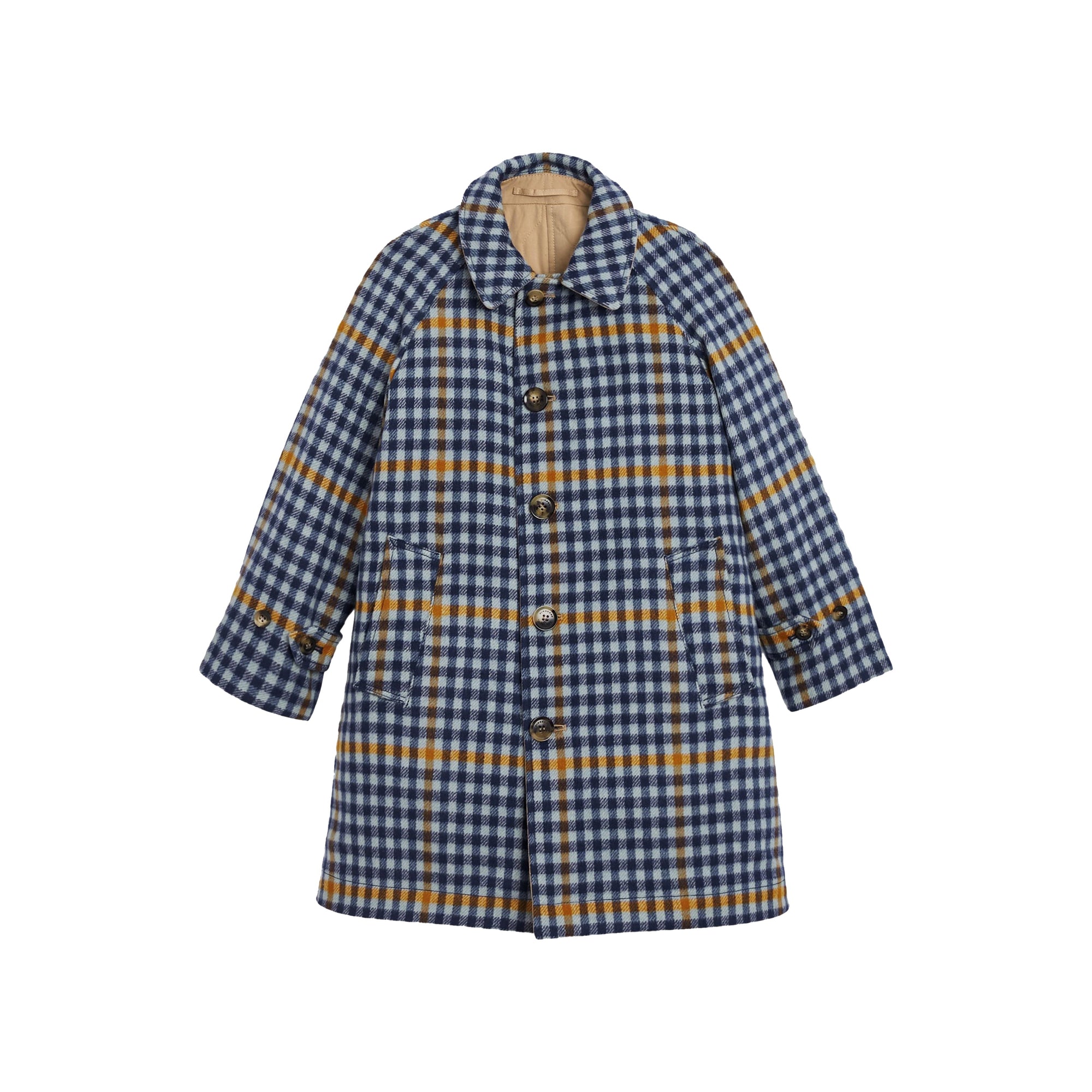 Paletot réversible en laine et coton à motif check - Bleu toile