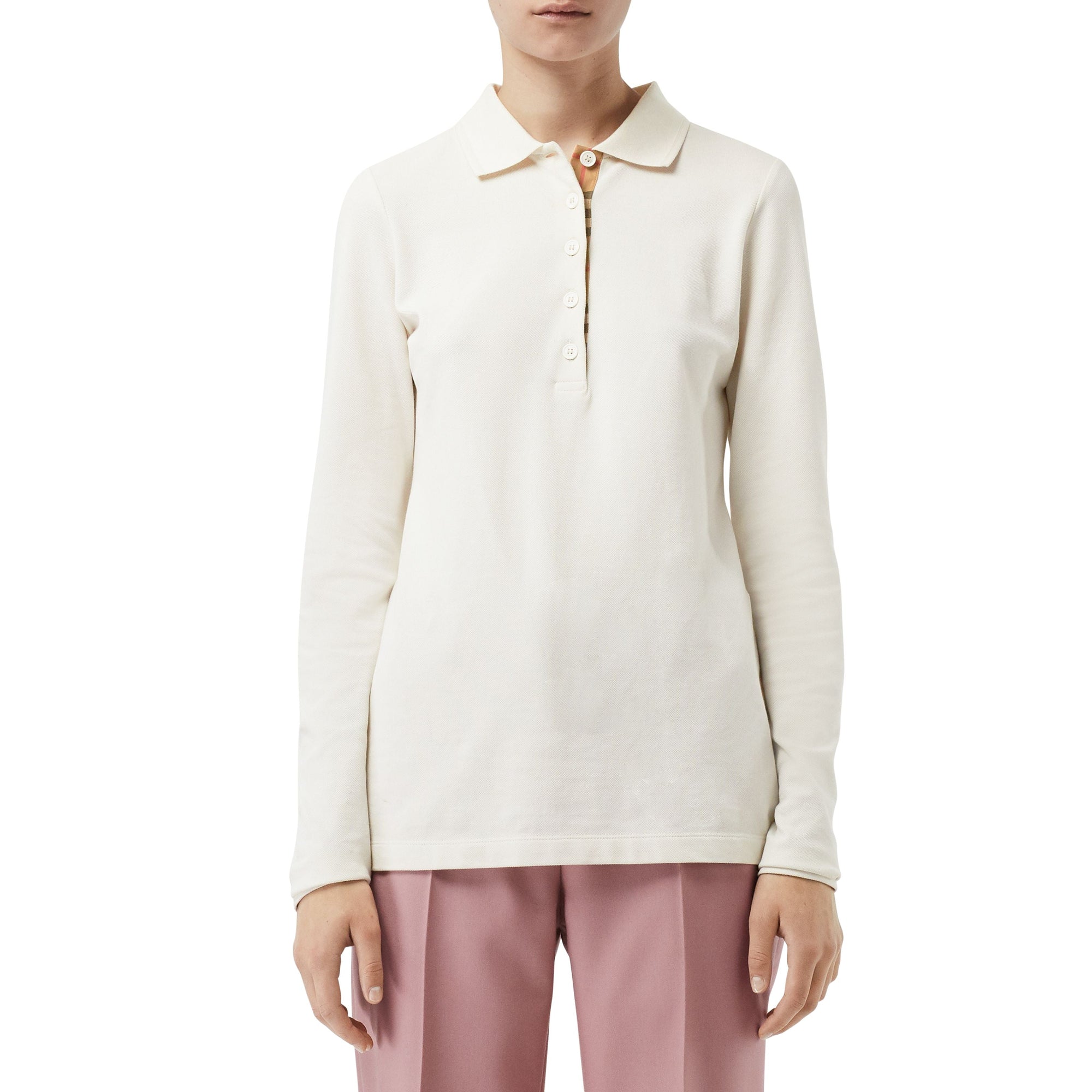 IVORY Polo à manches longues en piqué de coton avec patte à motif check