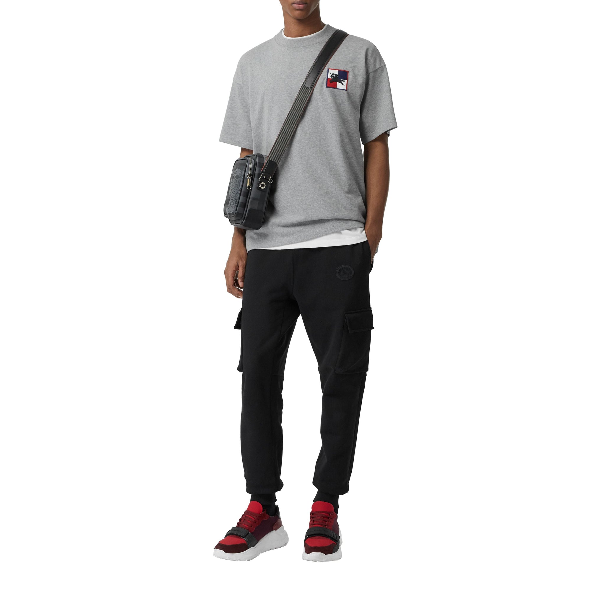 PALE GREY MELANGE T-shirt en coton avec emblème du Cavalier à damier