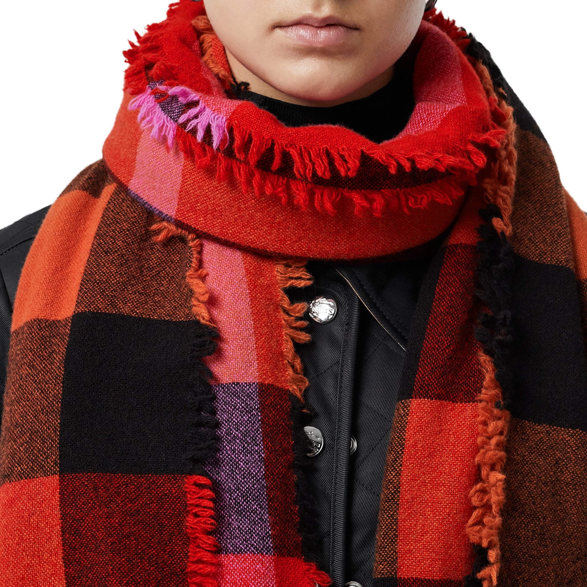 BRIGHT ORANGE RED Écharpe en laine et cachemire à motif check avec franges
