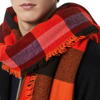 BRIGHT ORANGE RED Écharpe en laine et cachemire à motif check avec franges