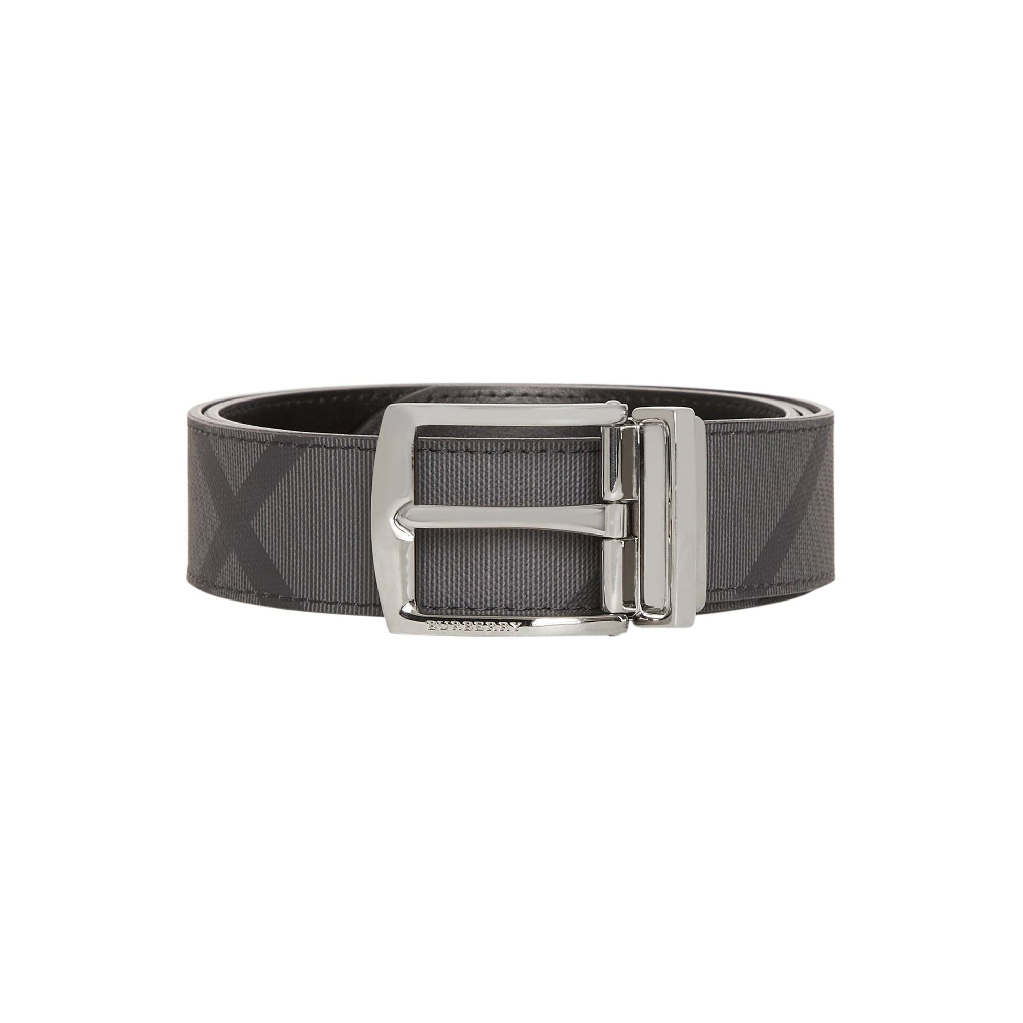 Ceinture réversible en tissu london check et cuir - Anthracite & noir