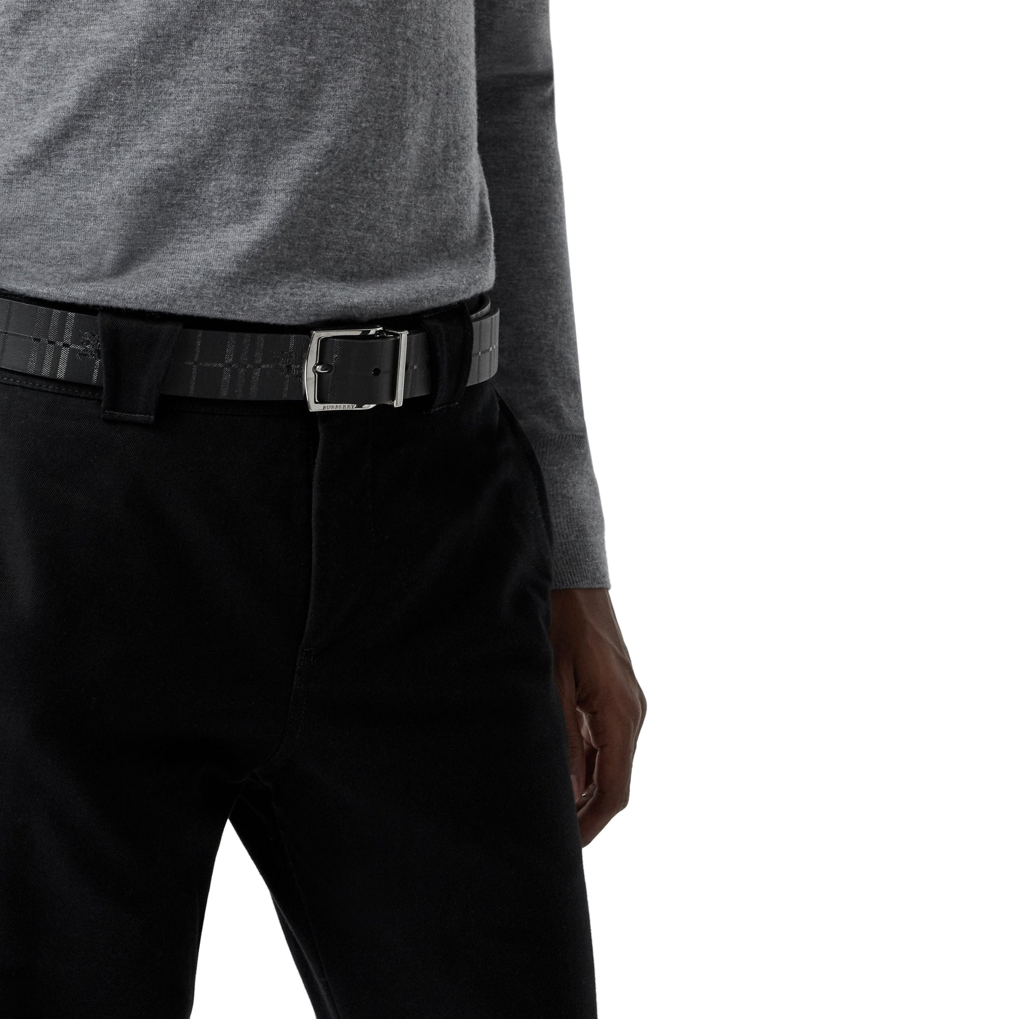 BLACK/BLACK Ceinture réversible en cuir avec motif check et emblème du Cavalier