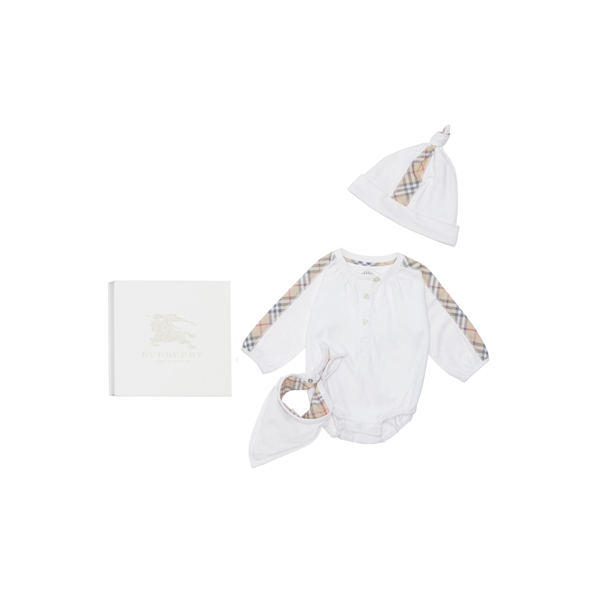Coffret cadeau trois pièces en coton à motif check pour bébé - Blanc