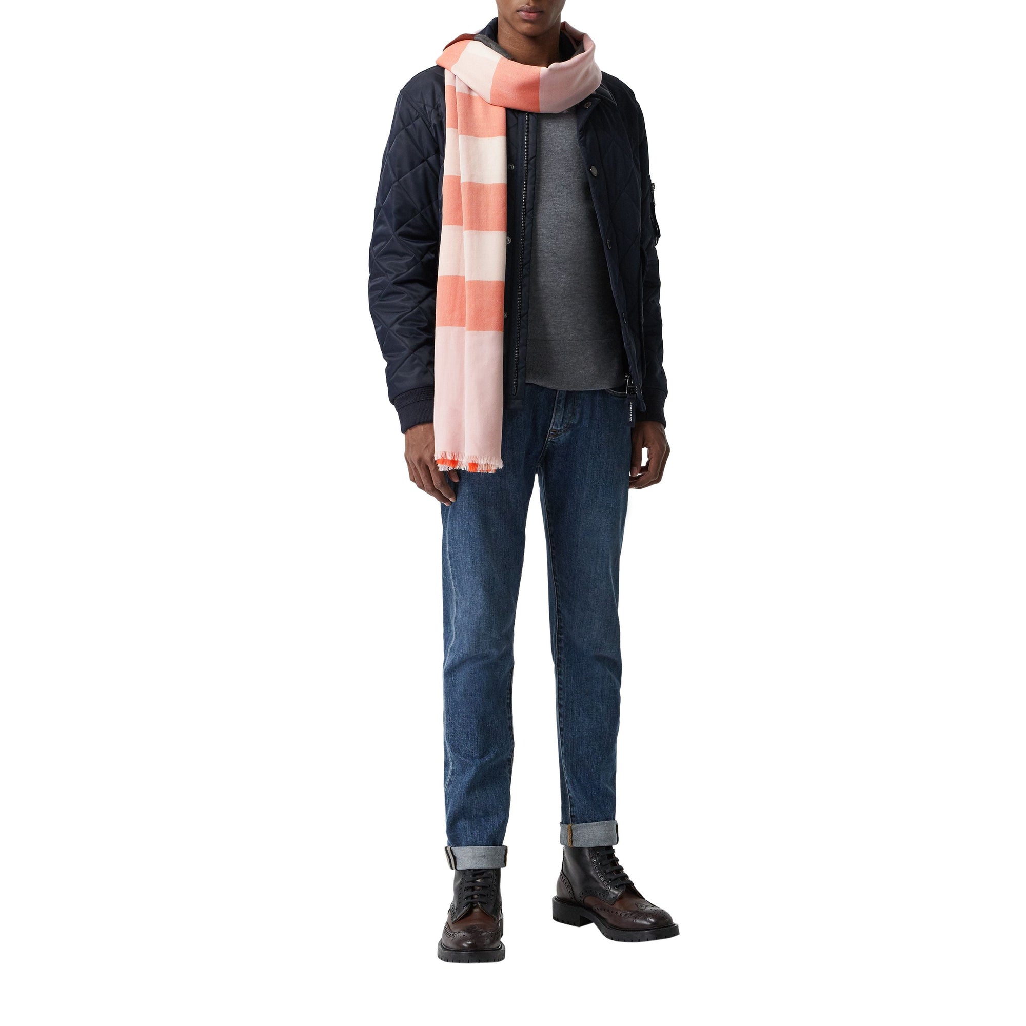 Maxi écharpe légère en cachemire check - Rose Pâle